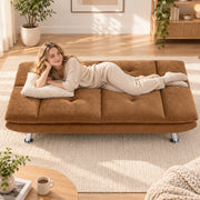 Woman lying on the brown sofa bed in bed mode