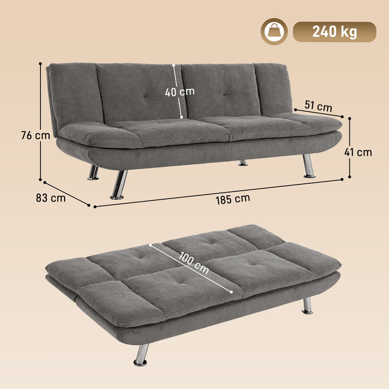 Dimensions diagram of the sofa bed in sofa and bed mode with a 240 kg load limit
