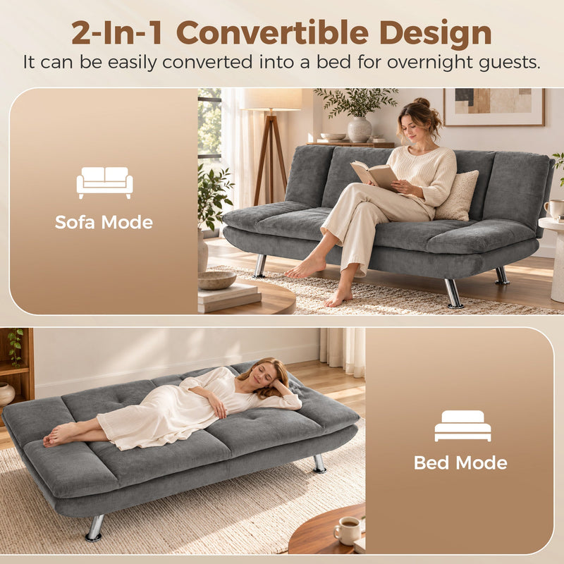 Grey sofa bed shown as a sofa for reading and as a bed for sleeping