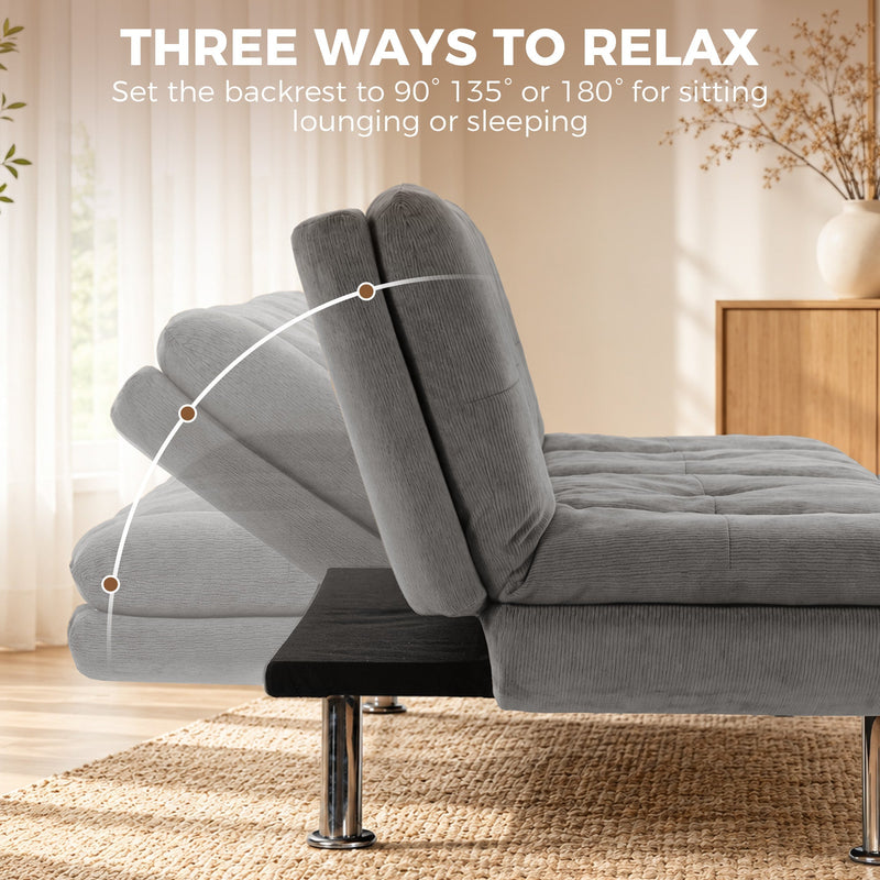Grey sofa bed backrest tilting through 90, 135 and 180 degree positions