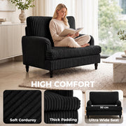 High comfort panel with a woman reading a magazine and close-ups of fabric, padding and seat width
