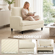 Woman reading in the armchair above insets of the soft corduroy, thick padding and 90 cm seat