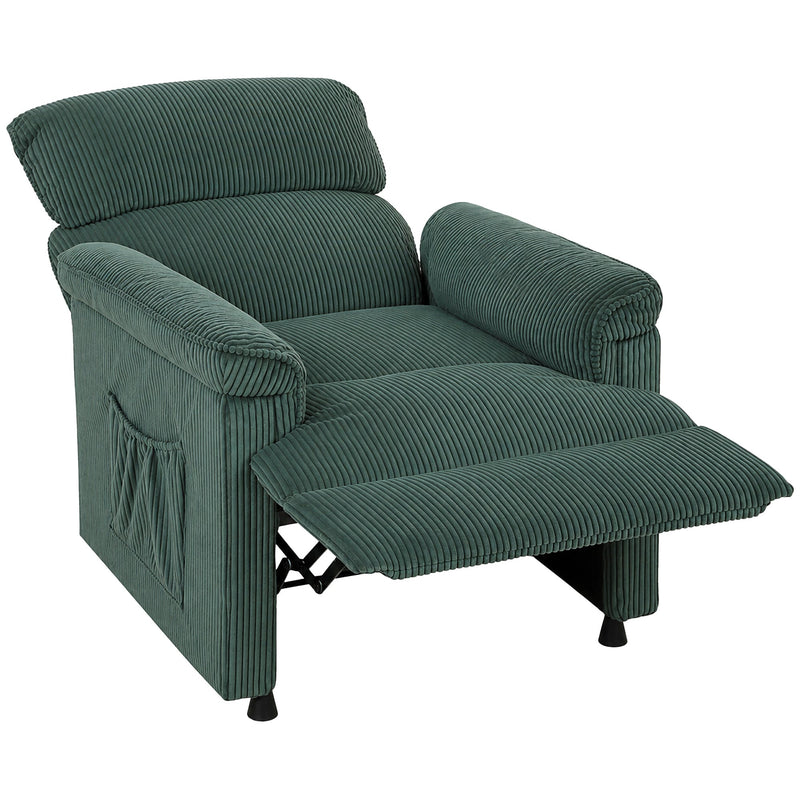 Green corduroy electric recliner with the footrest raised