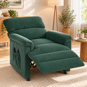 Green corduroy massage recliner reclined in a living room beside a side table