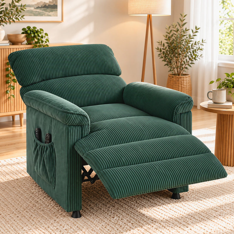 Green corduroy massage recliner reclined in a living room beside a side table