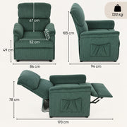 Dimensions diagram showing 86 x 94 x 105 cm upright and 170 cm reclined