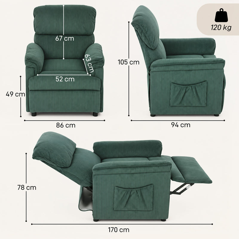 Dimensions diagram showing 86 x 94 x 105 cm upright and 170 cm reclined