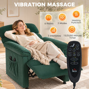 Woman relaxing in the green recliner beside a vibration massage panel and remote