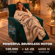 Woman wrapped in a blanket in the recliner under a brushless motor banner