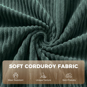 Close-up of green ribbed corduroy fabric with wear-resistant and skin-friendly icons