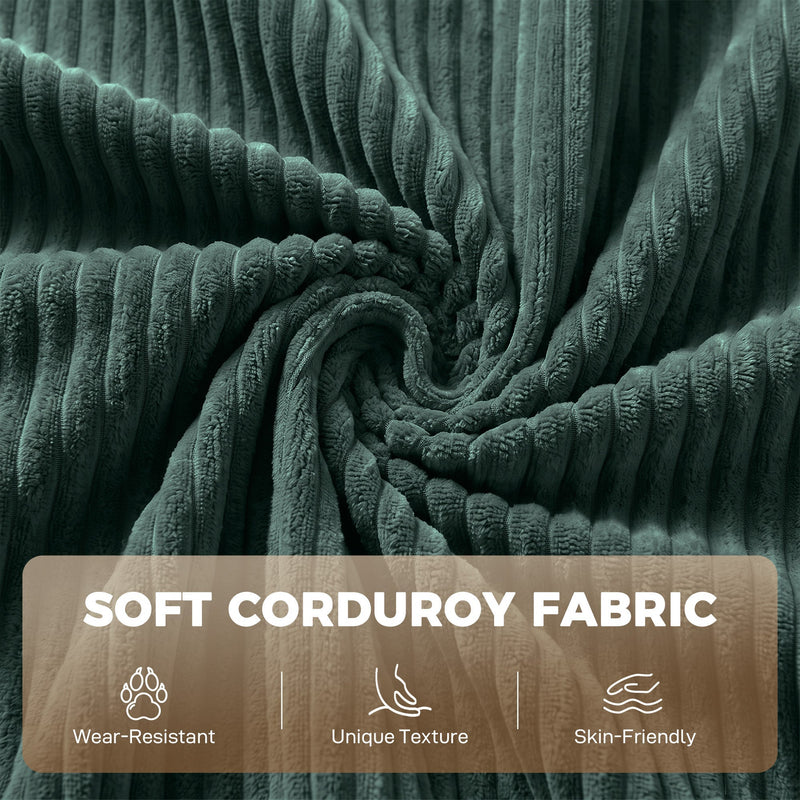 Close-up of green ribbed corduroy fabric with wear-resistant and skin-friendly icons