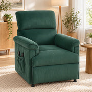 Front view of the green corduroy recliner in a bright living room