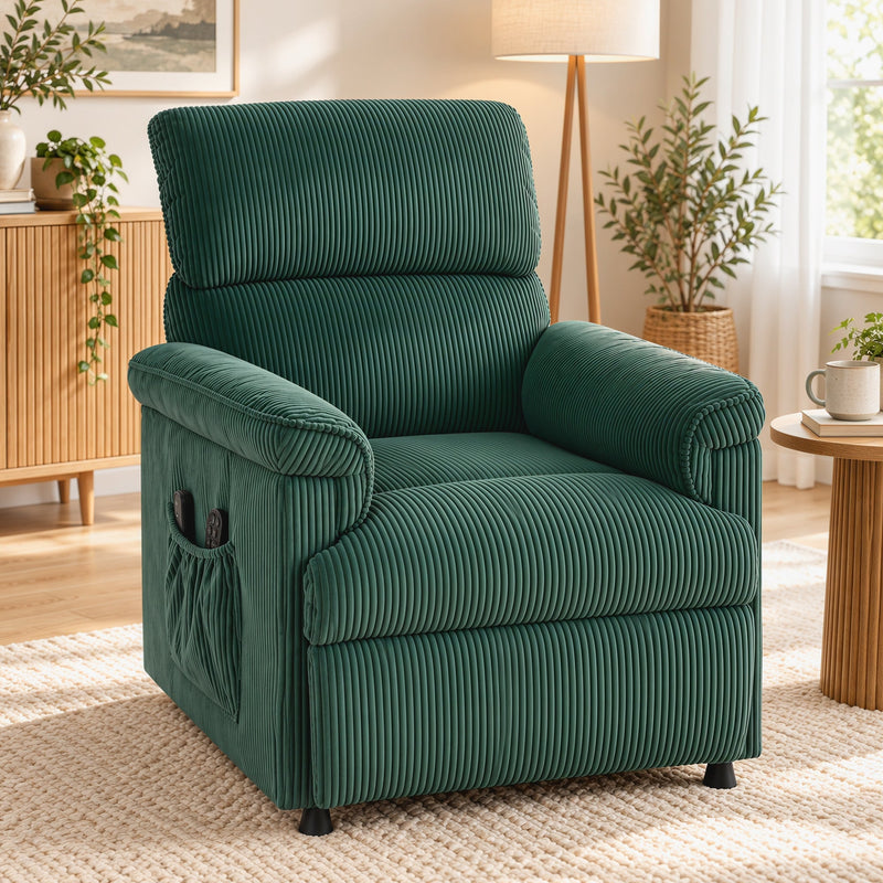 Front view of the green corduroy recliner in a bright living room