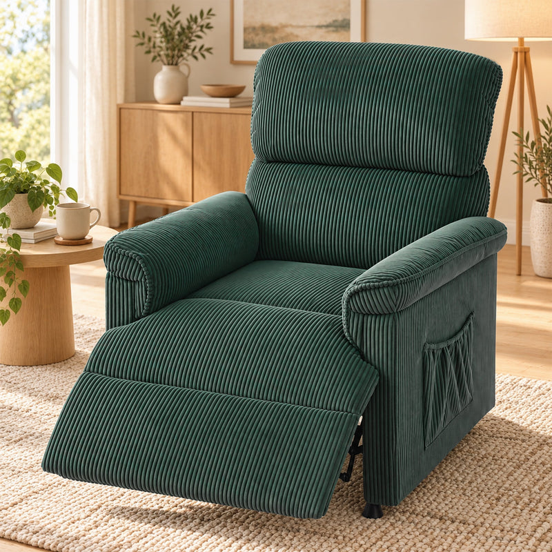 Green recliner with the footrest raised beside a lamp and side table