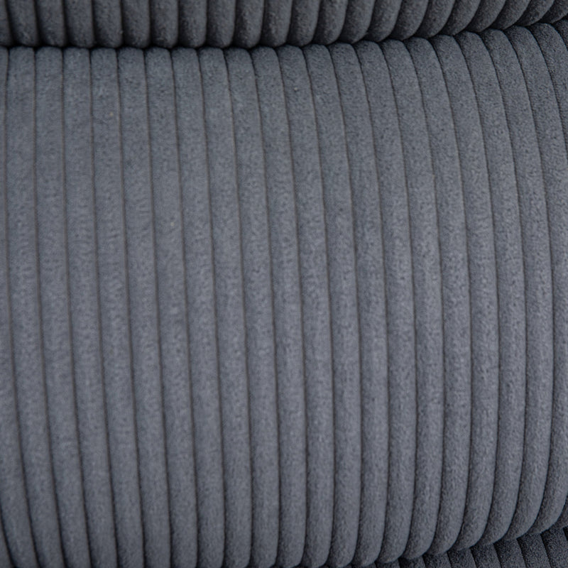 Close-up of the ribbed grey corduroy backrest