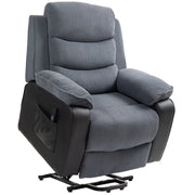 Dark grey corduroy power lift recliner with black PU leather side panels