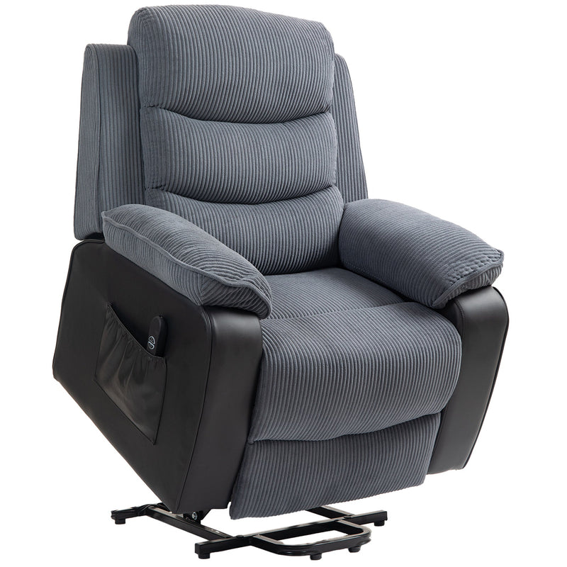 Dark grey corduroy power lift recliner with black PU leather side panels