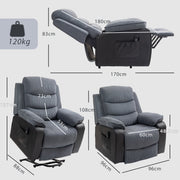 Dimensions diagram showing upright, reclined and lifted sizes of the dark grey recliner
