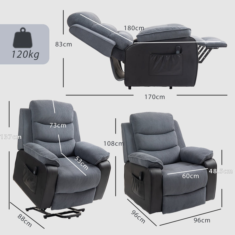 Dimensions diagram showing upright, reclined and lifted sizes of the dark grey recliner