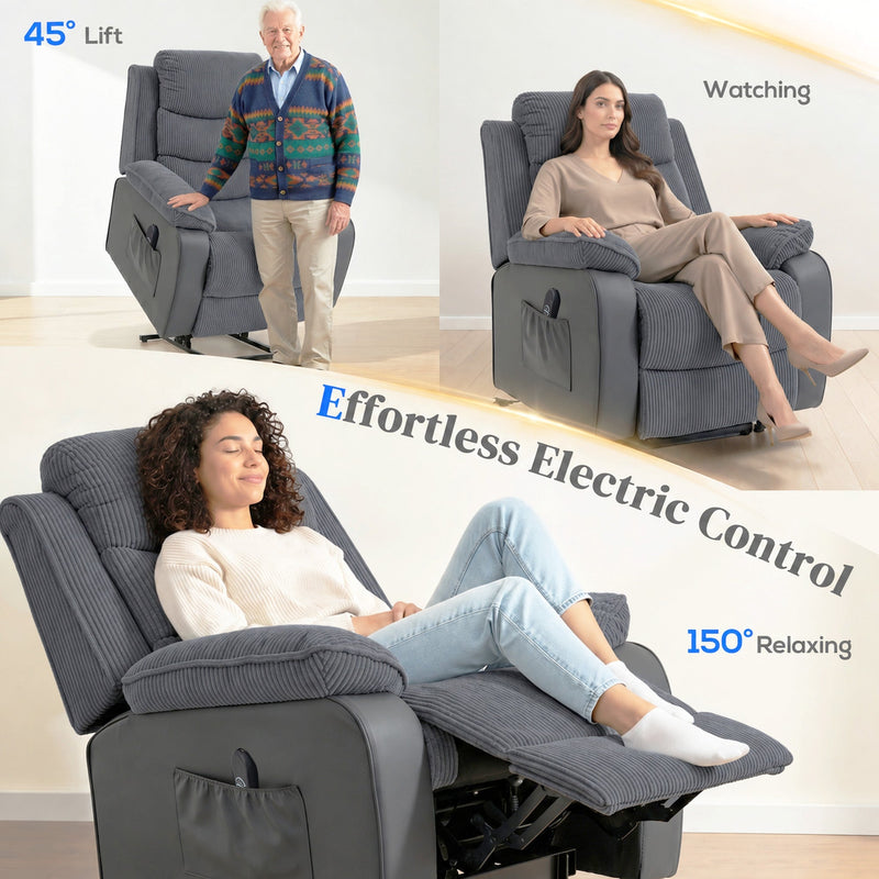 Three scenes showing the chair lifting, reclining and in use with the electric control