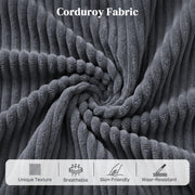 Close-up of dark grey ribbed corduroy fabric with texture icons