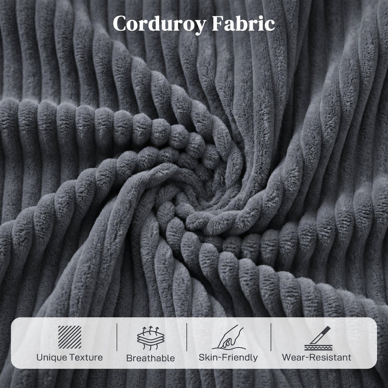 Close-up of dark grey ribbed corduroy fabric with texture icons