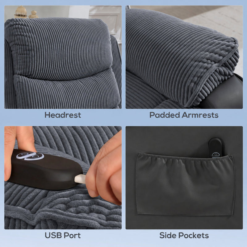 Four close-ups showing the headrest, padded armrest, USB port on the remote and side pocket