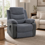 Front view of the dark grey recliner in a bright living room