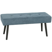 Blue corduroy tufted entryway bench with black powder-coated steel legs, studio shot