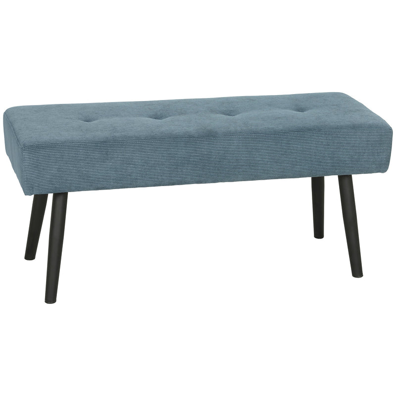 Blue corduroy tufted entryway bench with black powder-coated steel legs, studio shot