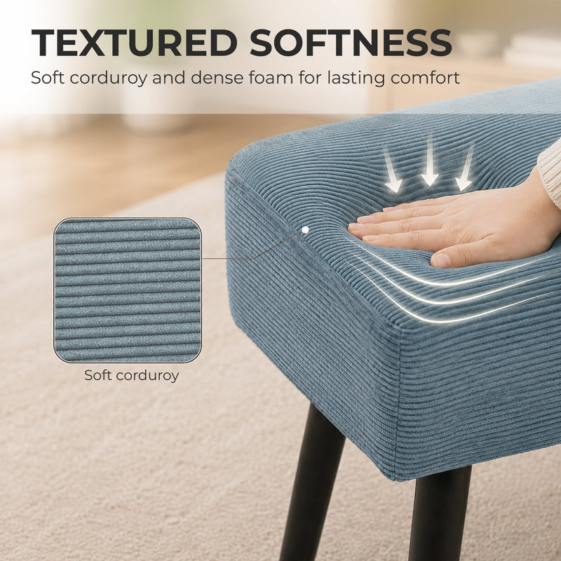 Close-up of the soft corduroy fabric texture with a hand pressing the seat
