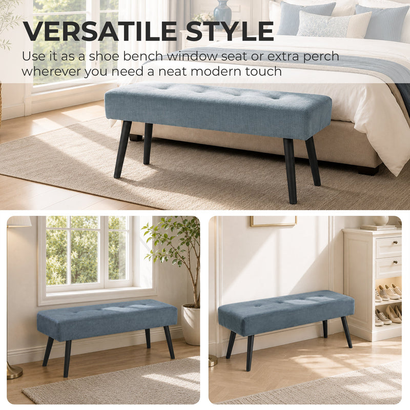 Blue bench shown as a bed end seat, window seat and shoe bench in three room settings