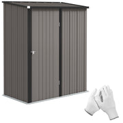 Light grey 5x3ft Outsunny corrugated steel garden shed shown closed with a pair of gloves
