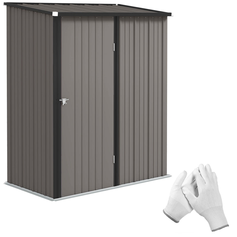 Light grey 5x3ft Outsunny corrugated steel garden shed shown closed with a pair of gloves