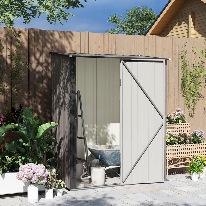 Grey corrugated shed in a garden with the door open and a watering can and stool inside