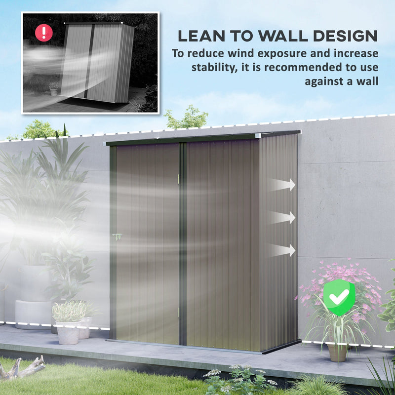 Lean-to wall design panel showing the shed placed against a wall to reduce wind exposure