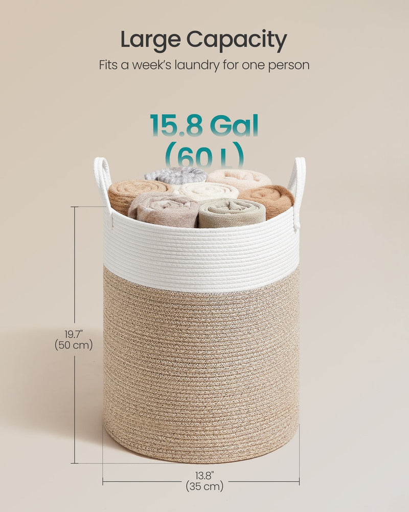 Laundry basket shown in a living room holding blankets and toys