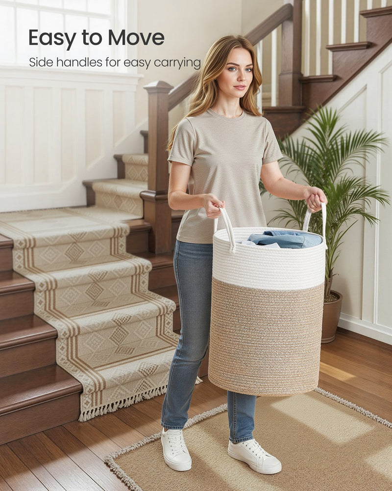 Child lifting the laundry basket by its extended handles