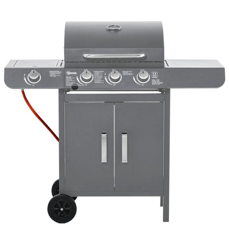 3+1 Burner Gas BBQ Grill with Side Shelves and Storage Cabinet for Garden and Camping by Outsunny