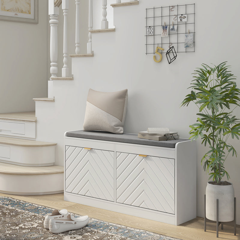 Shoe Storage Bench with Padded Seat and Flip Drawers for Hallway Organising White