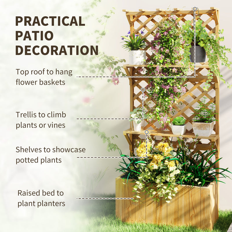 Wooden Garden Planter Box With Trellis And Storage Shelves For Climbing Plants Natural Outsunny
