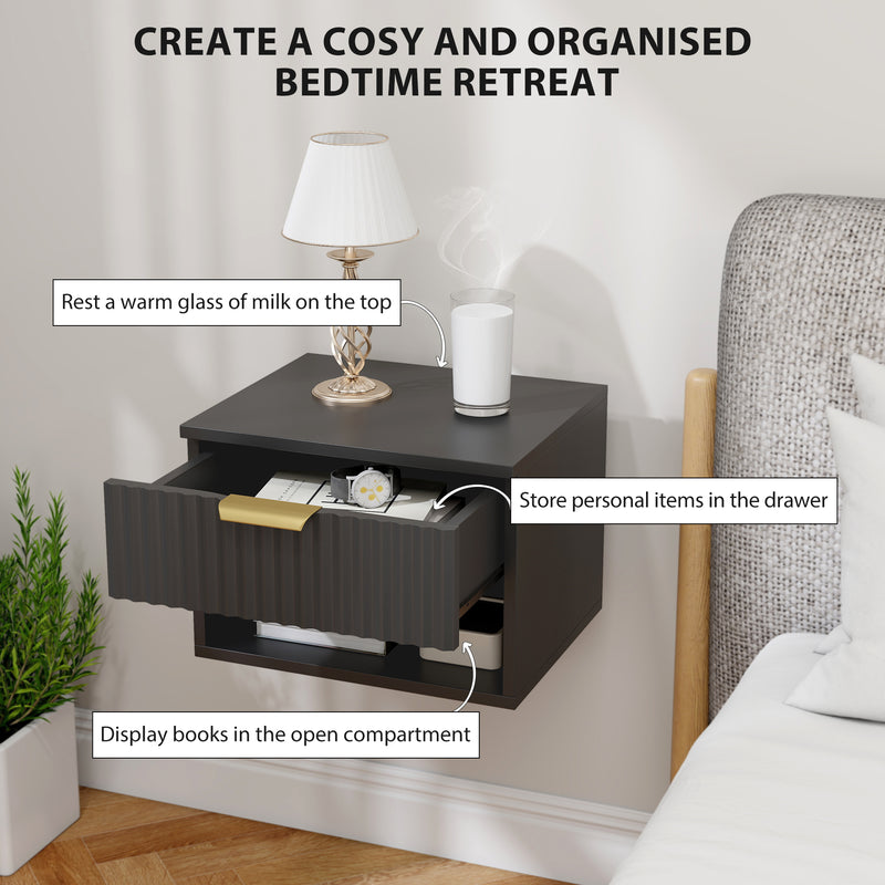 Set of 2 Floating Bedside Tables with Drawer and Shelf for Easy Cleaning Black Gold