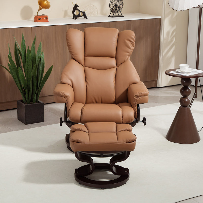 Reclining Swivel Armchair With Footstool And Wooden Base For Lounge Or Office Brown