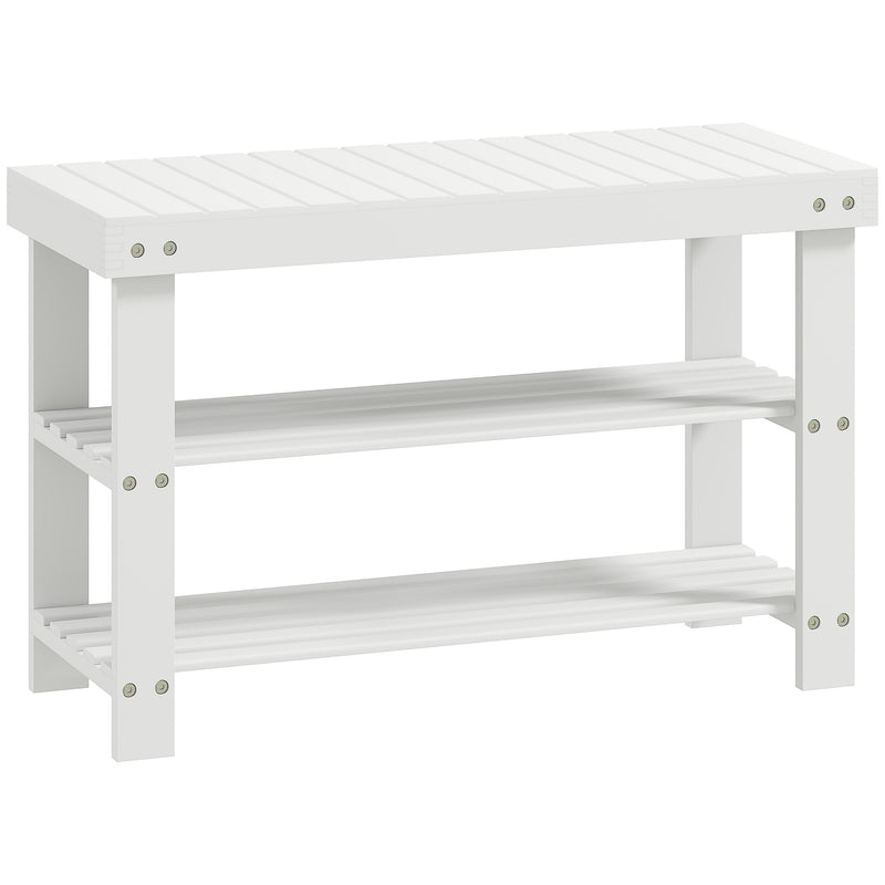 Two Shelf Bamboo Shoe Storage Bench With Seat Ideal For Hallway Or Entryway White AOSOM