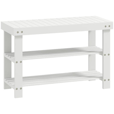 Two Shelf Bamboo Shoe Storage Bench With Seat Ideal For Hallway Or Entryway White AOSOM