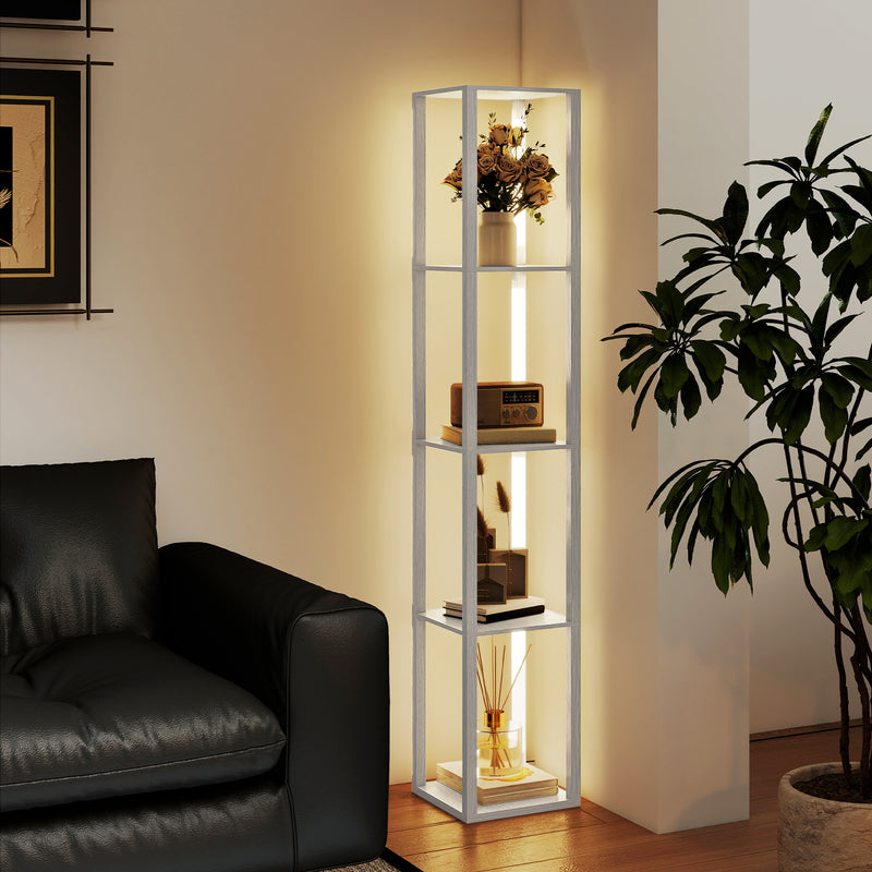Tall Floor Lamp With Adjustable Brightness And Storage Shelves For Living Room, White