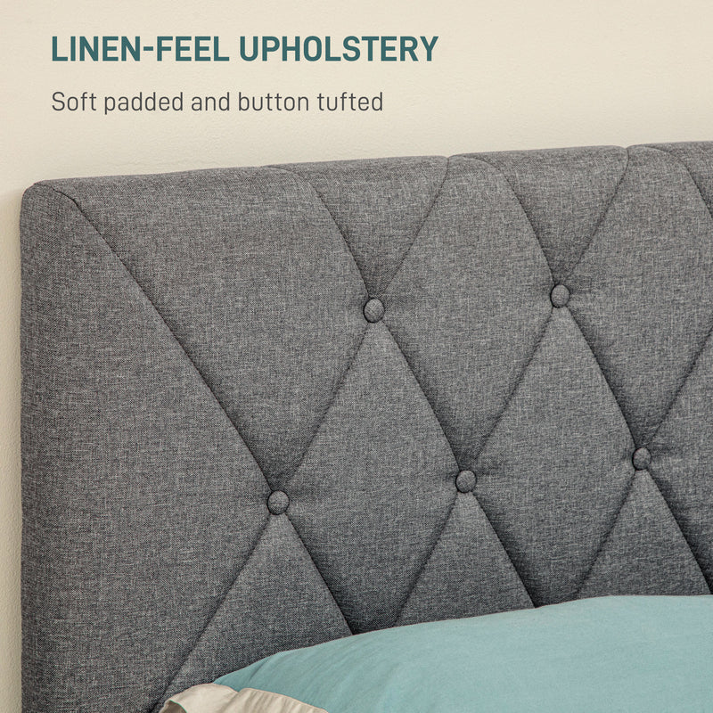 Grey Double Bed Frame with Adjustable Linen Headboard and Wooden Slats by HOMCOM