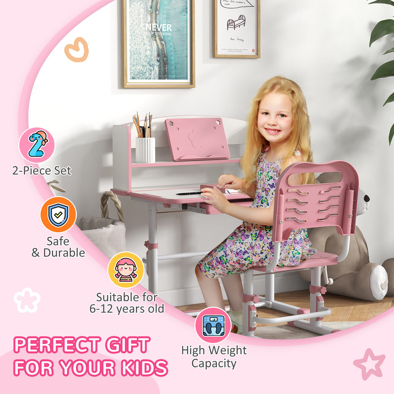Height Adjustable Kids Study Desk and Chair Set with Storage Shelf and Drawer, Pink