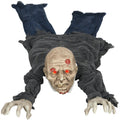 Crawling zombie Halloween prop in a grey robe with red light-up eyes on a white background