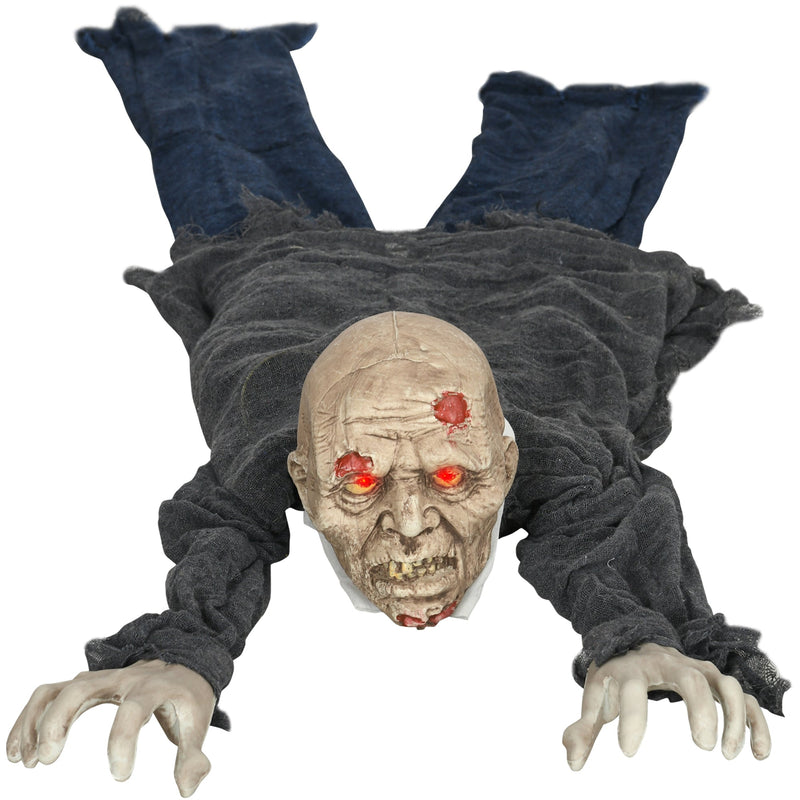 Crawling zombie Halloween prop in a grey robe with red light-up eyes on a white background